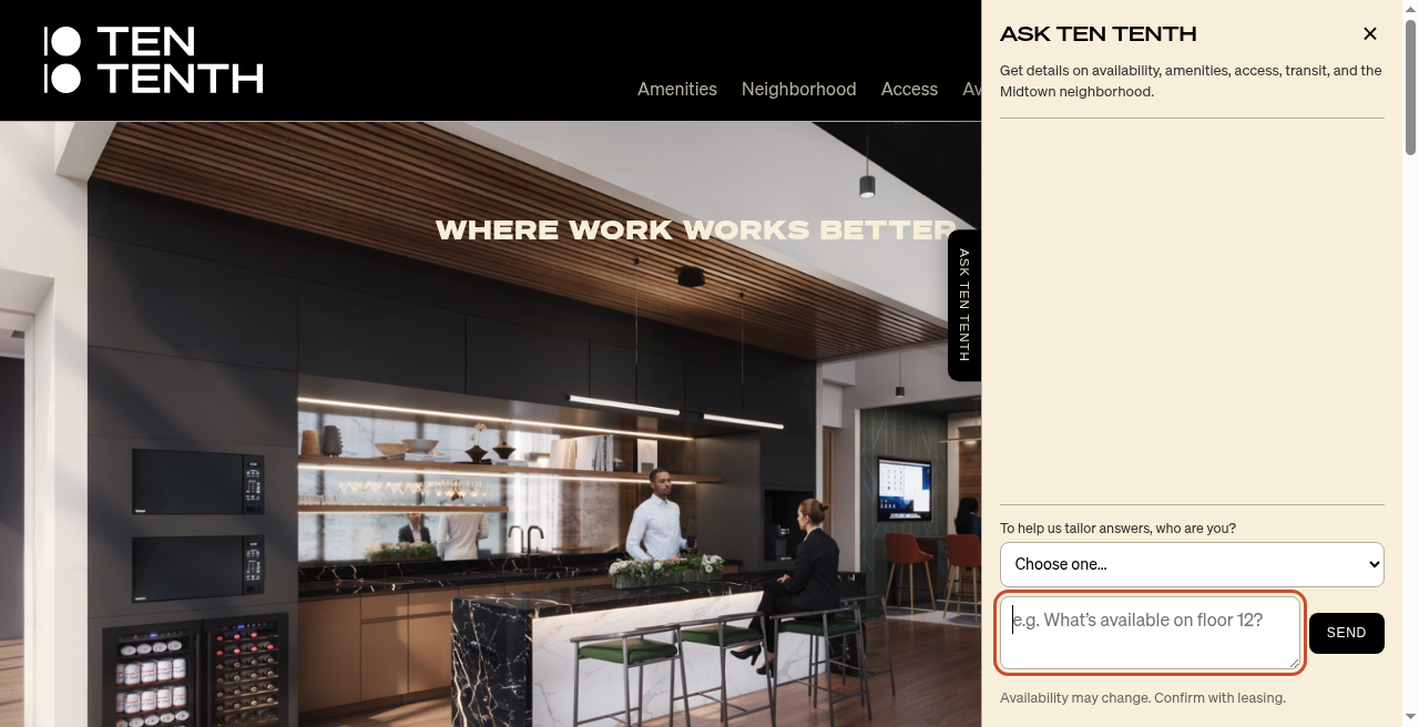 Staging screenshot of a sticky visitor chat beside a commercial property website. Product evidence only.